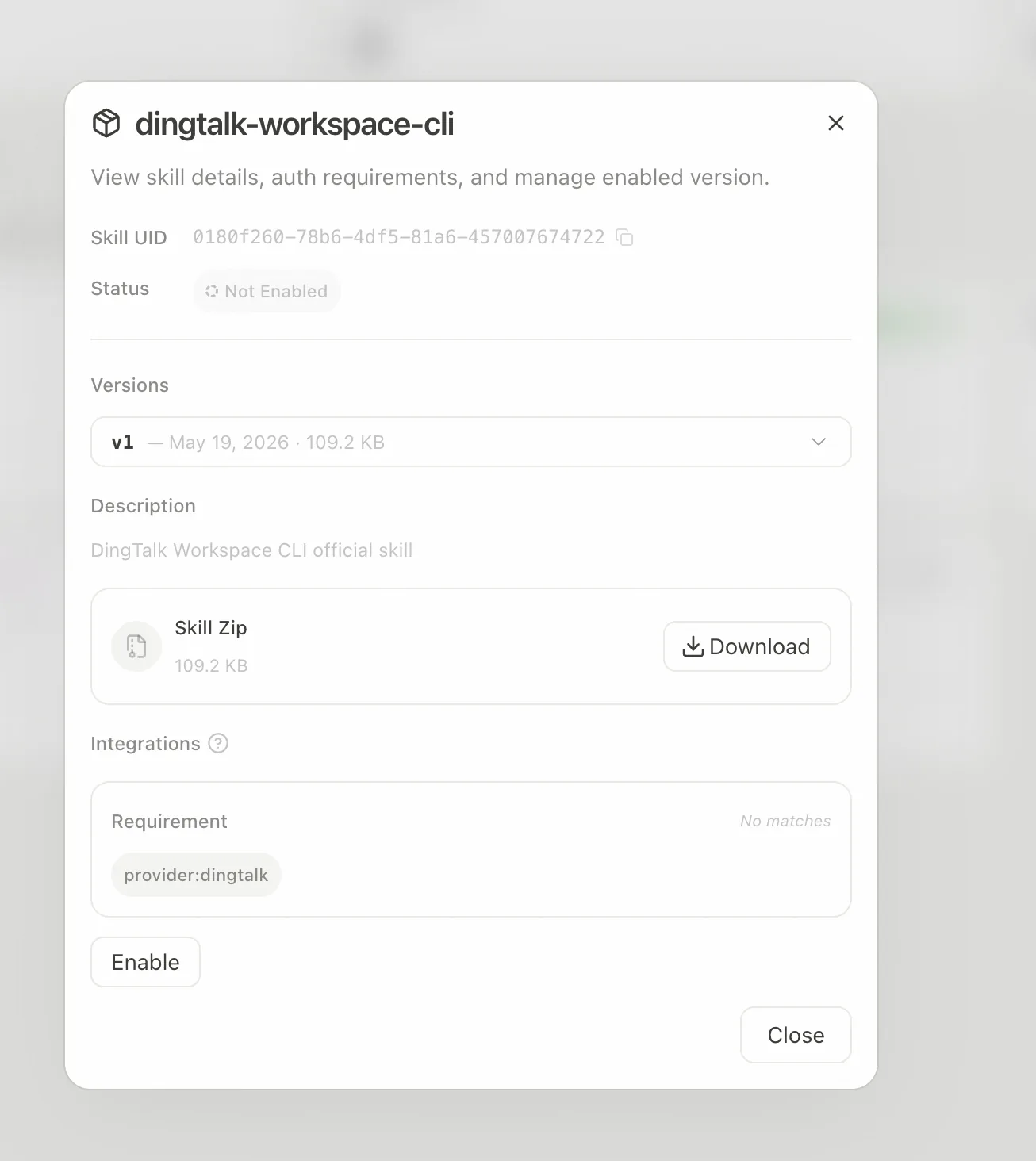 Enabling dingtalk-workspace-cli and linking the DingTalk integration