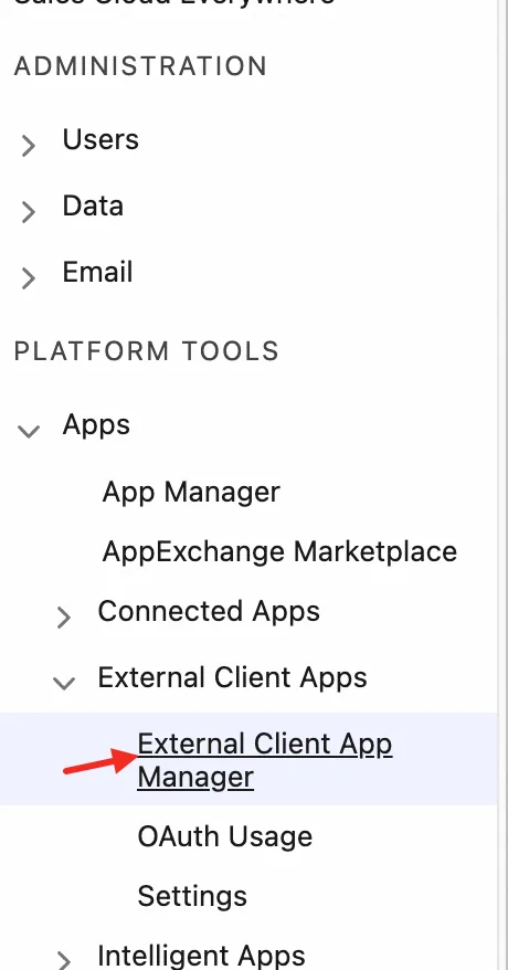 Salesforce setup left nav → External Client App Manager